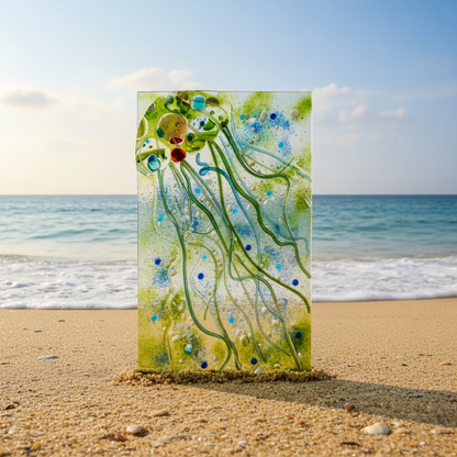 A rectangular glass wall art piece featuring a stylized green jellyfish with translucent tentacles, embedded with white, blue, and dark glass beads on a yellow-green background, leaning against a light wall above a wooden surface.