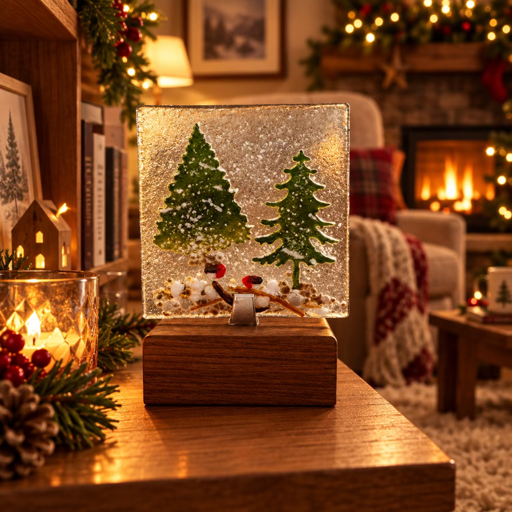 A square glass snow globe ornament with two green pine trees and a small snowman figure, displayed on a dark wood base over a white surface.