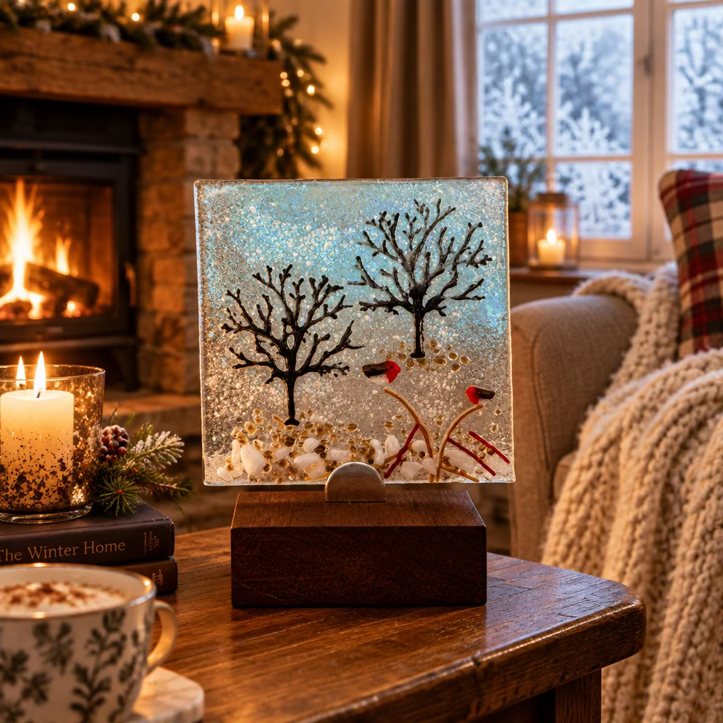 Winter Robins Fused Glass Art Panel with wooden stand