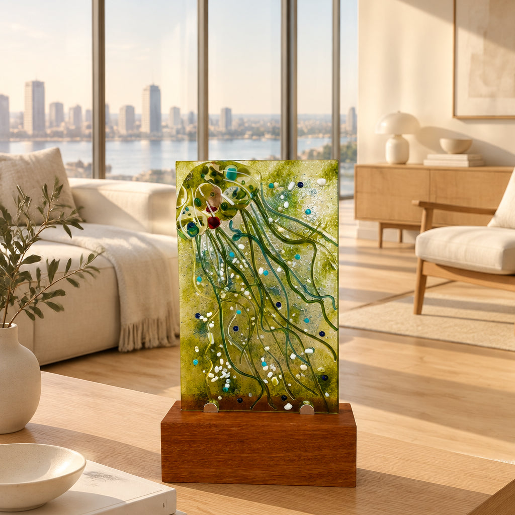 A vertical glass art piece featuring a green jellyfish design with blue, white, and red accents, mounted on a rectangular wooden base.