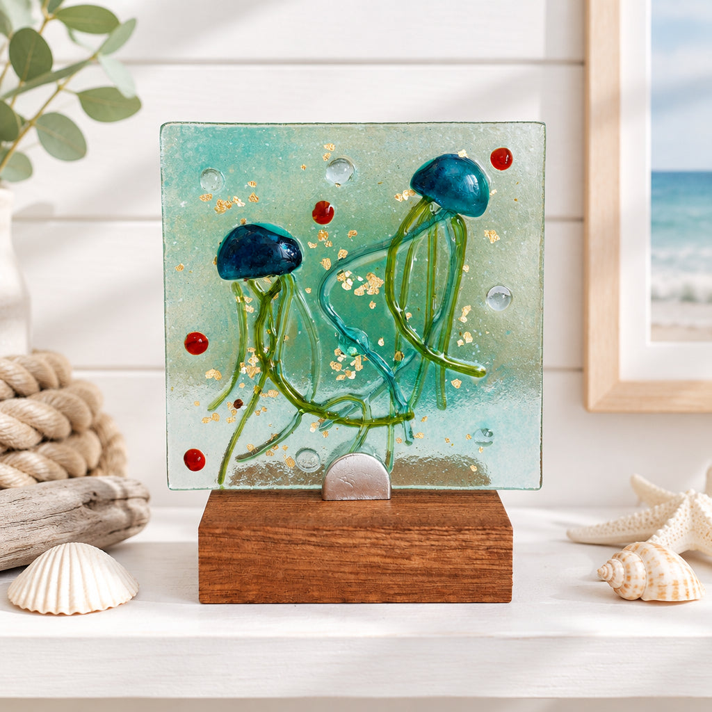 A square glass art piece featuring two blue jellyfish with green tentacles inside a translucent aqua glass panel, mounted on a rectangular wooden base.