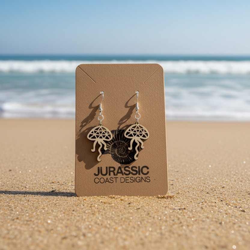 Jellyfish-themed earrings on a 'Jurassic Coast Designs' card