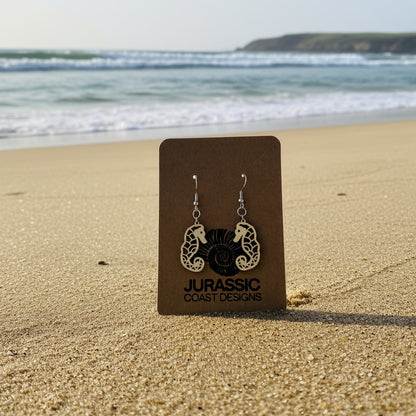 Pair of seahorse earrings on a 'Jurassic Coast Designs' card