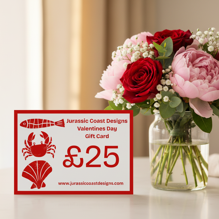 Valentine's Day gift card with red illustrations of a fish, crab, and shell, and text 'Jurassic Coast Designs'.