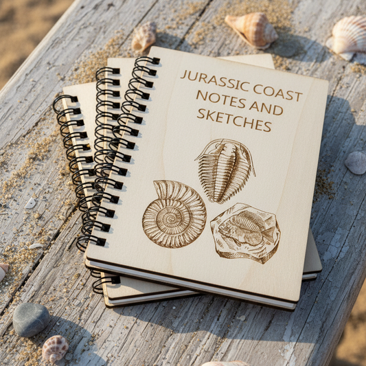 Notebook titled 'Jurassic Coast Notes and Sketches' with shell illustrations on a wooden surface with shells.