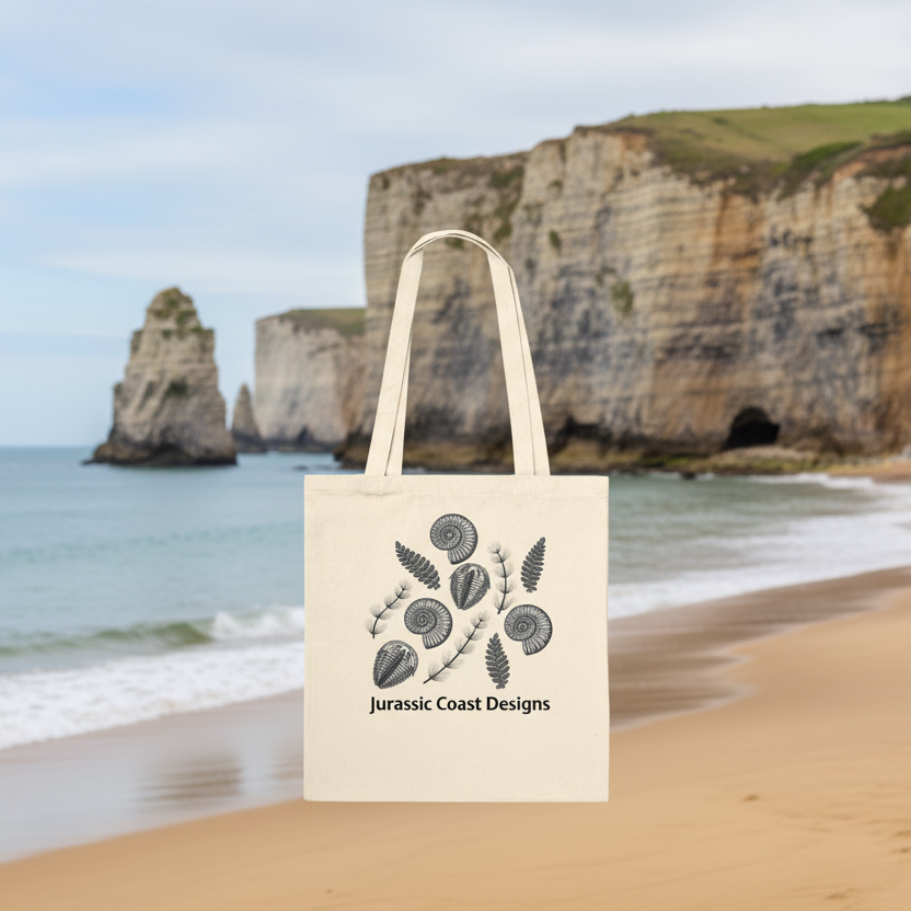 Beige tote bag with fossil and plant design and 'Jurassic Coast Designs' text on a white background