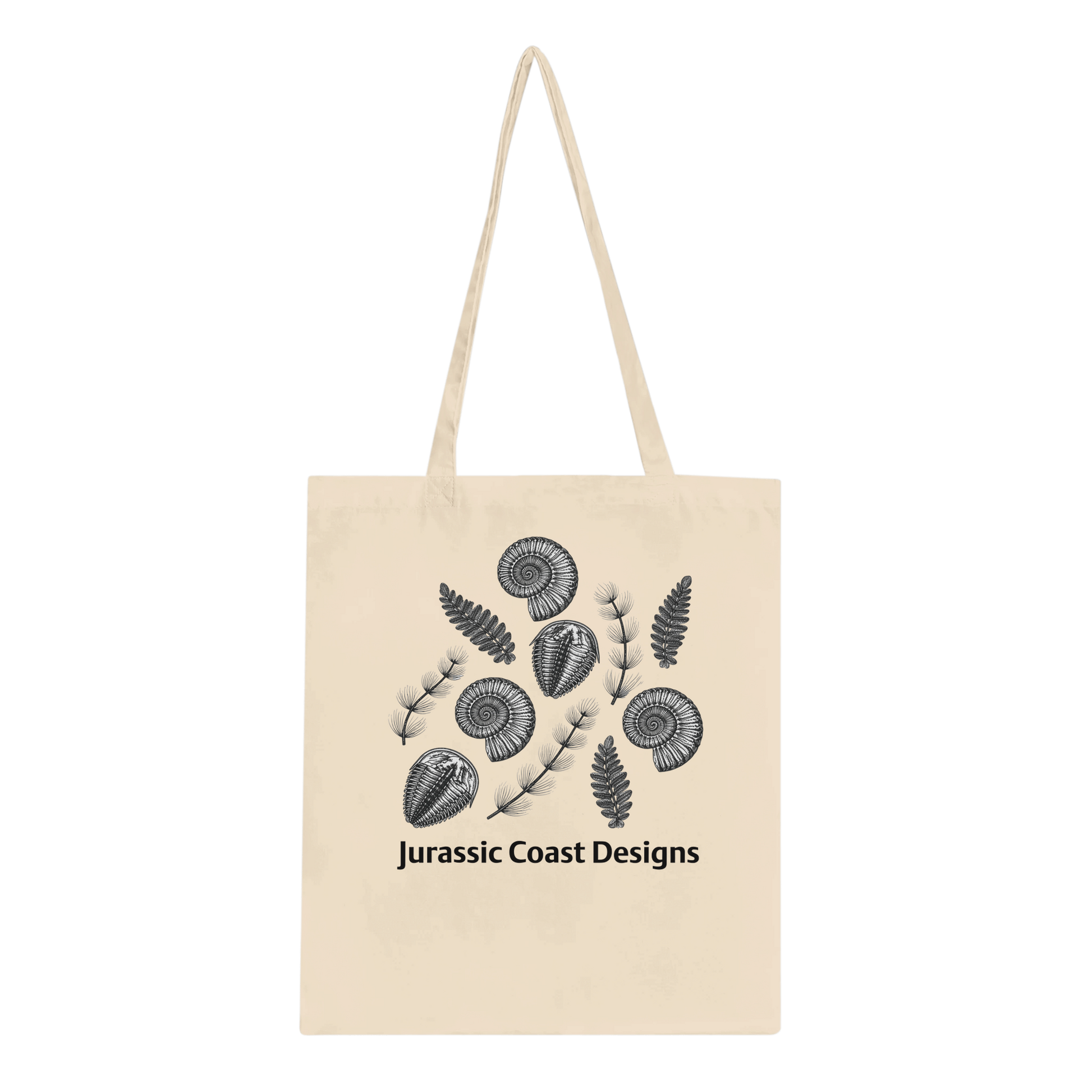 Beige tote bag with black leaf design and 'Jurassic Coast Designs' text on a white background