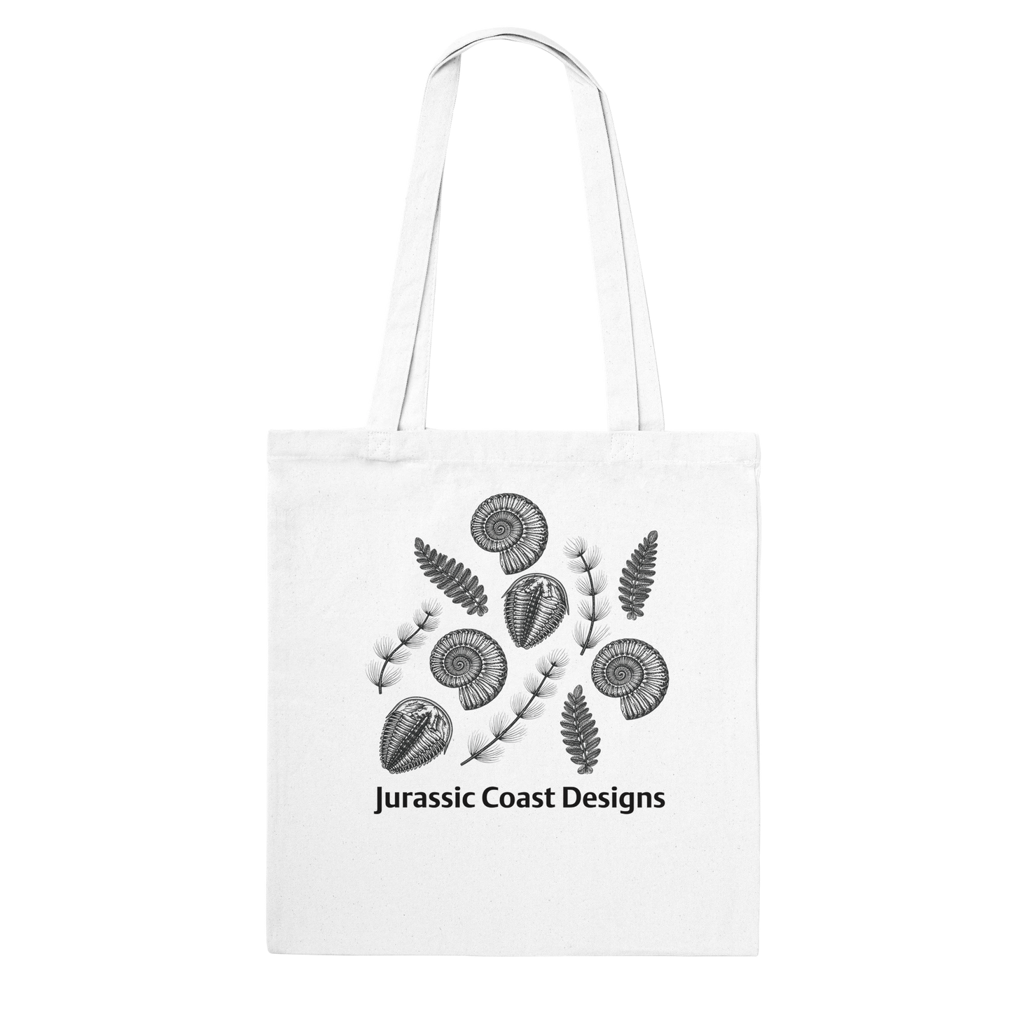 White tote bag with black floral design and 'Jurassic Coast Designs' text on a white background
