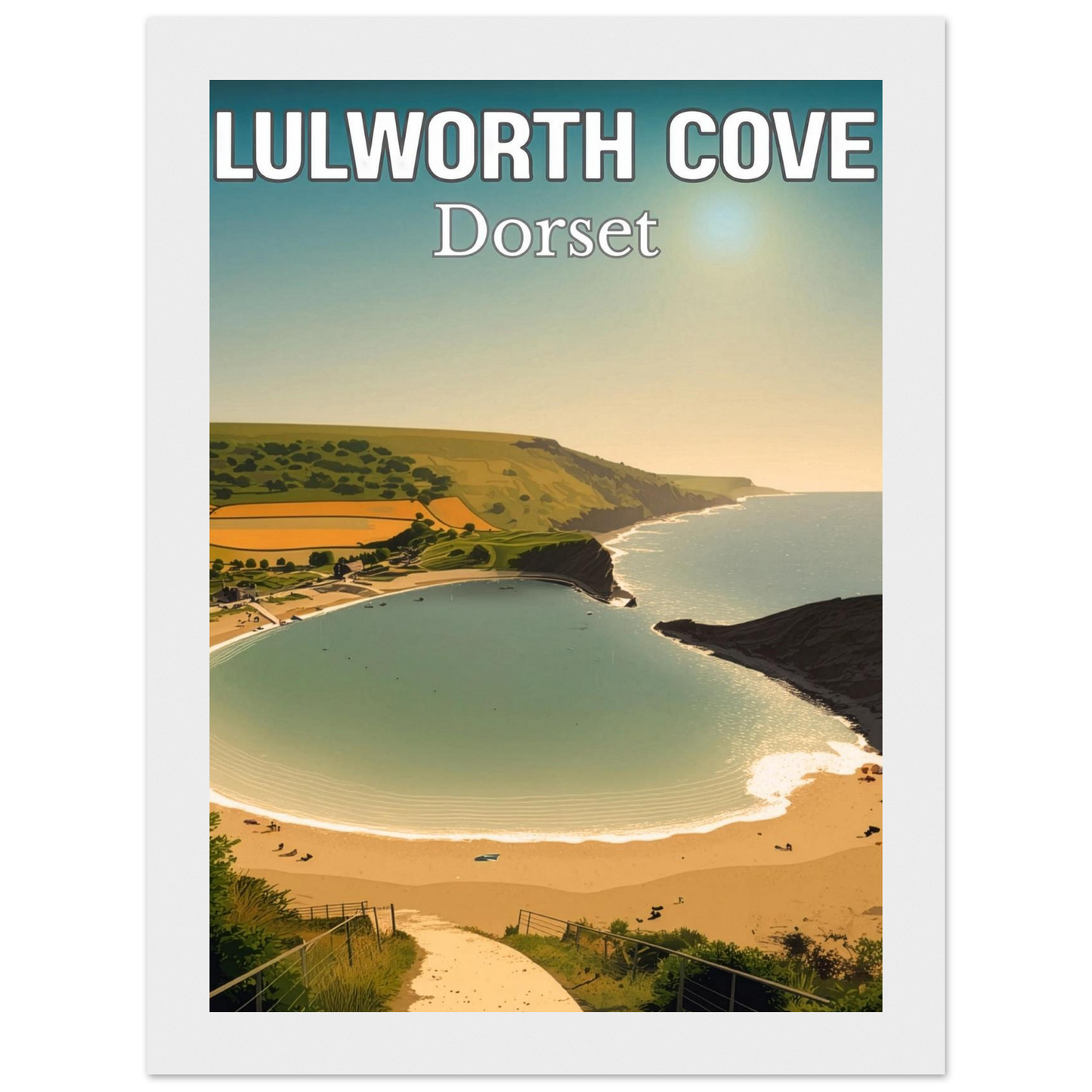 Poster of Lulworth Cove, Dorset with a scenic view of the beach and cliffs.