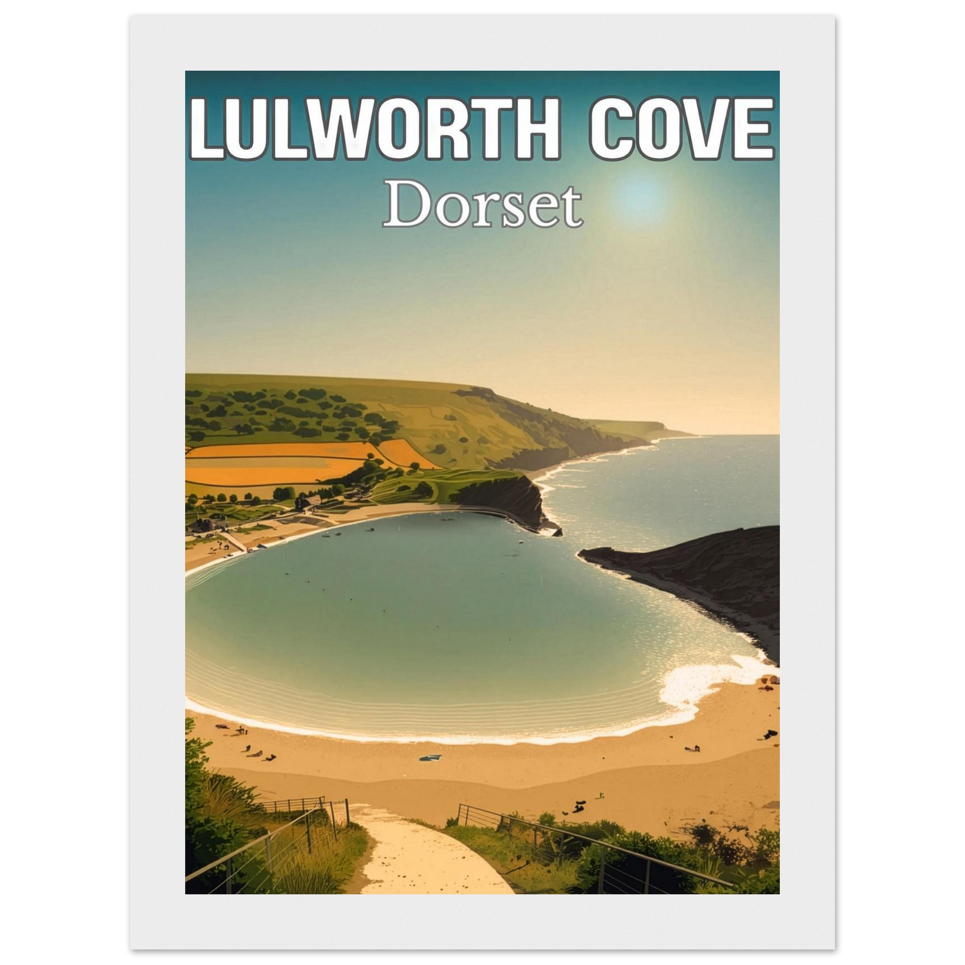 Poster of Lulworth Cove, Dorset with a scenic view of the beach and cliffs.