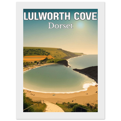 Poster of Lulworth Cove, Dorset with a scenic view of the beach and cliffs.