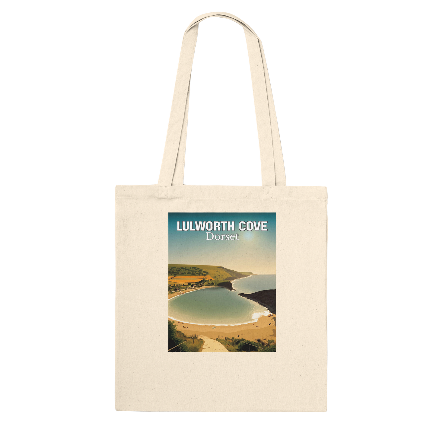 Beige tote bag with a scenic print of Lulworth Cove, Dorset on a white background
