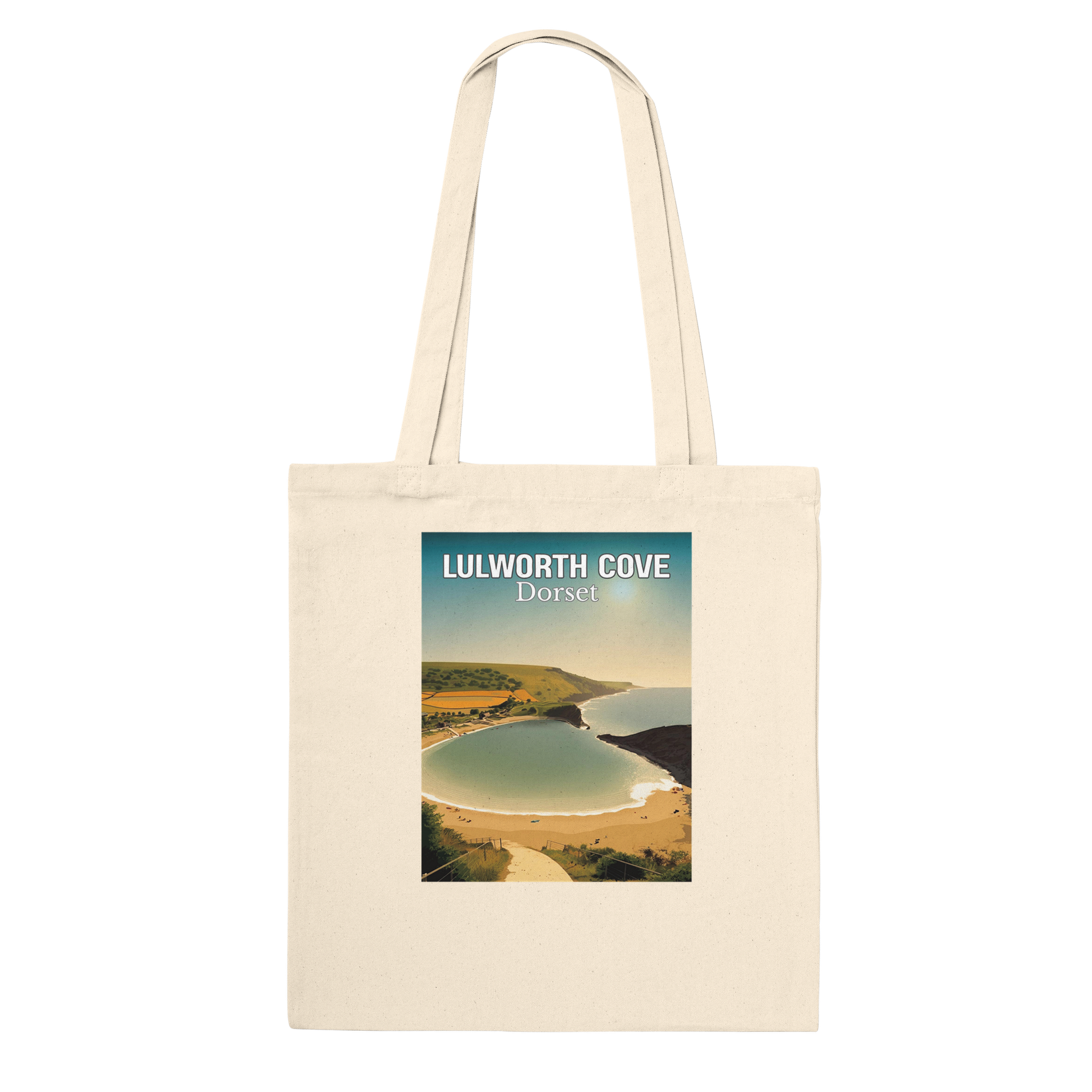 Beige tote bag with a scenic print of Lulworth Cove, Dorset on a white background