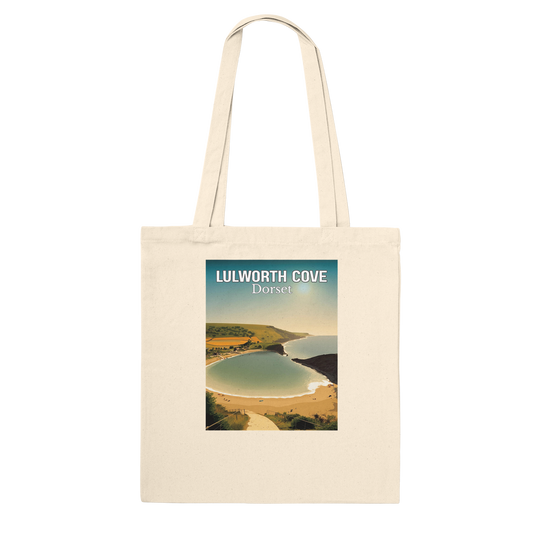 Beige tote bag with a scenic print of Lulworth Cove, Dorset on a white background