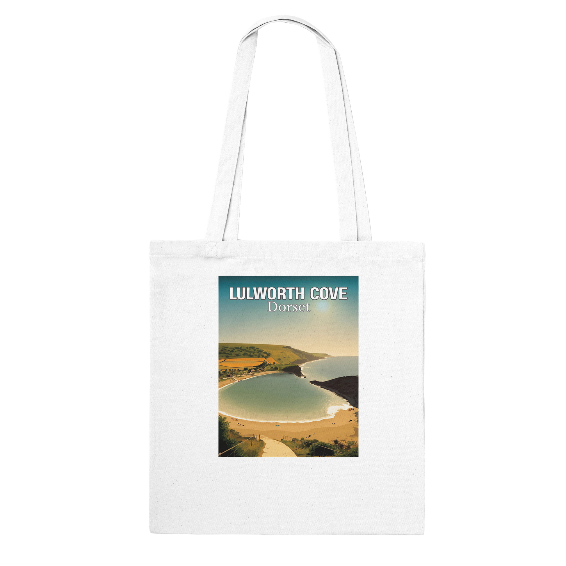 White tote bag with a scenic print of Lulworth Cove, Dorset on a white background