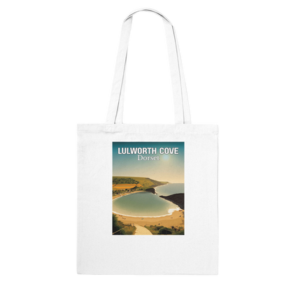 White tote bag with a scenic print of Lulworth Cove, Dorset on a white background