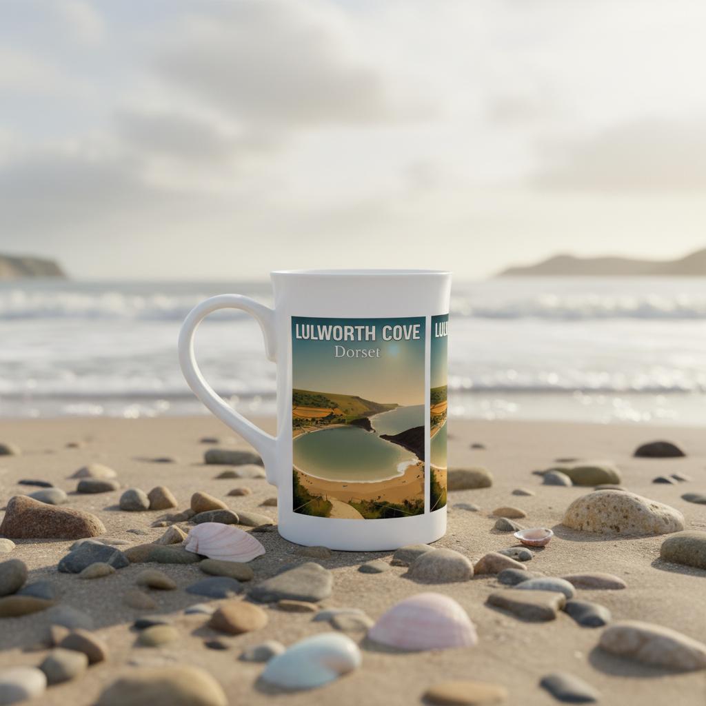 White mug with Lulworth Cove design on a beach