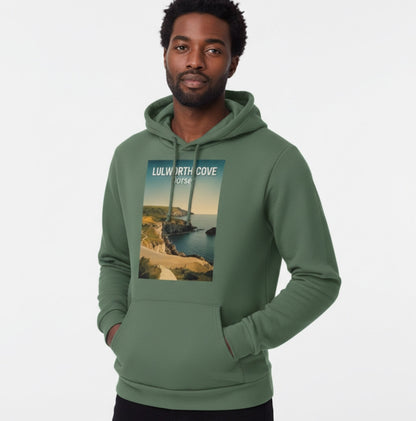 Man wearing a green hoodie with a Lulworth Covr print on a white background