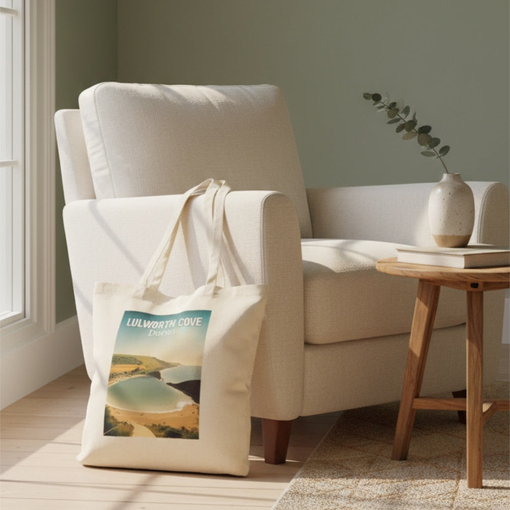 Lulworth Cove tote bad beside a white armchair with a tote bag on a wooden floor in a room with a window and small table.