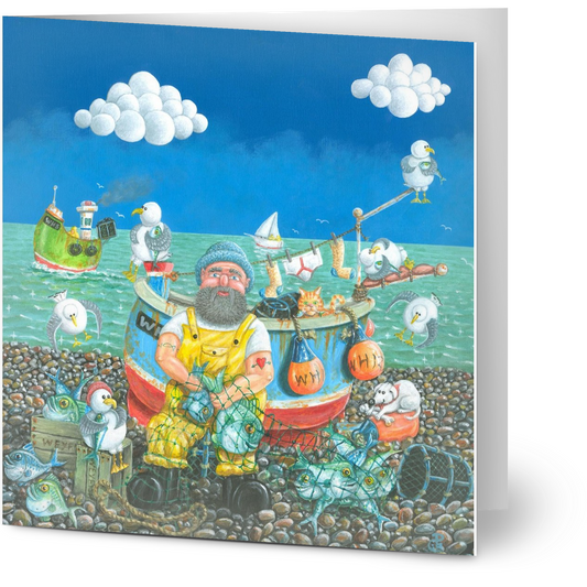 Illustrated greeting card with a fisherman and seagulls on a rocky shore with a blue sky.