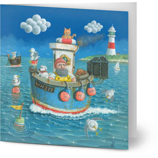 Illustration of a fishing boat with a lighthouse in the background on a blue card.