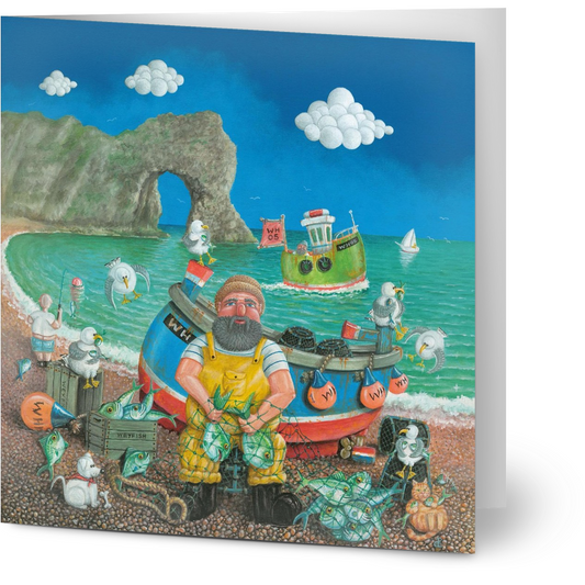 Fishing scene with a fisherman, boat, and coastal landscape on a greeting card.
