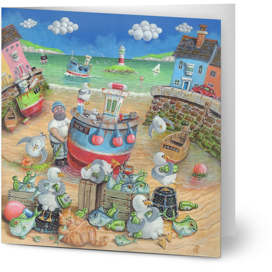 Colorful illustration of a coastal scene with boats, buildings, and animated characters.