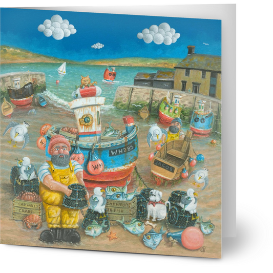 Colorful illustration of a fisherman with boats and sea creatures on a card.