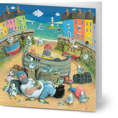 Colorful illustration of a fisherman and his crew on a dock with houses and boats in the background.