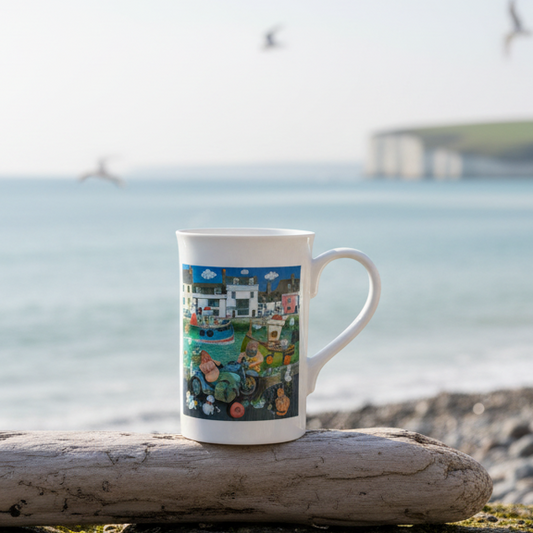 White mug with a colorful design of a cartoon scene on a white background