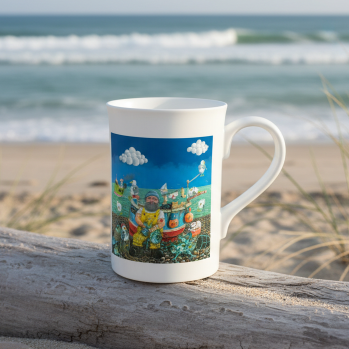 Mug with a colorful design of a fisherman and his boat on a white background