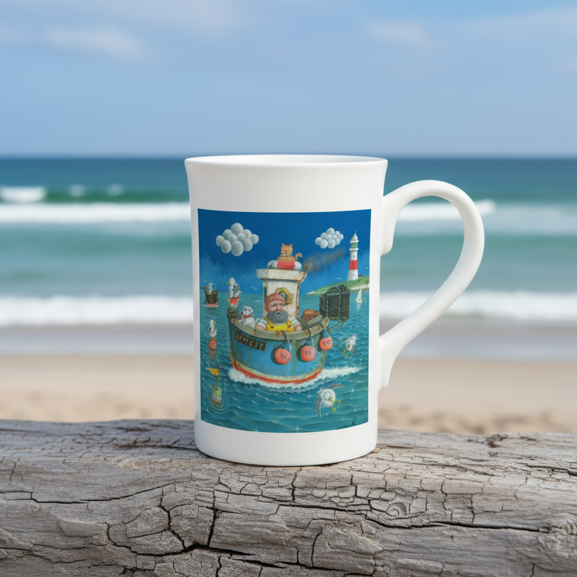 Mug with a colorful illustration of a boat and characters on a blue background