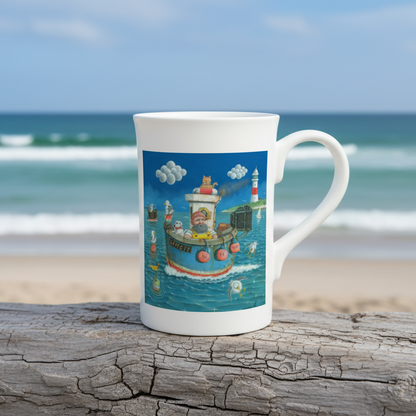 Mug with a colorful illustration of a boat and characters on a blue background