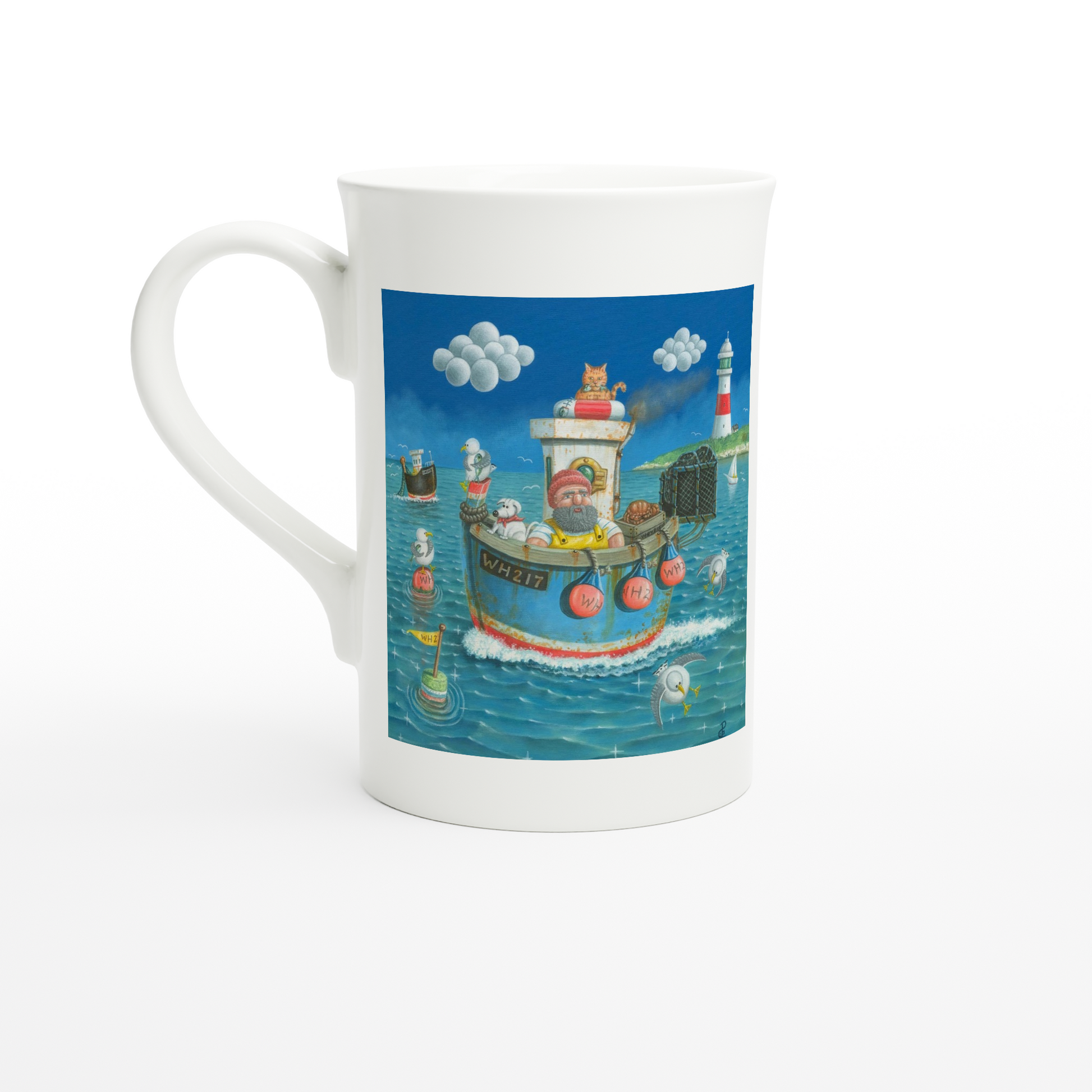 Mug with a colorful illustration of a boat and characters on a blue background