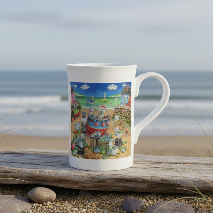 White mug with a colorful coastal scene design on a white background
