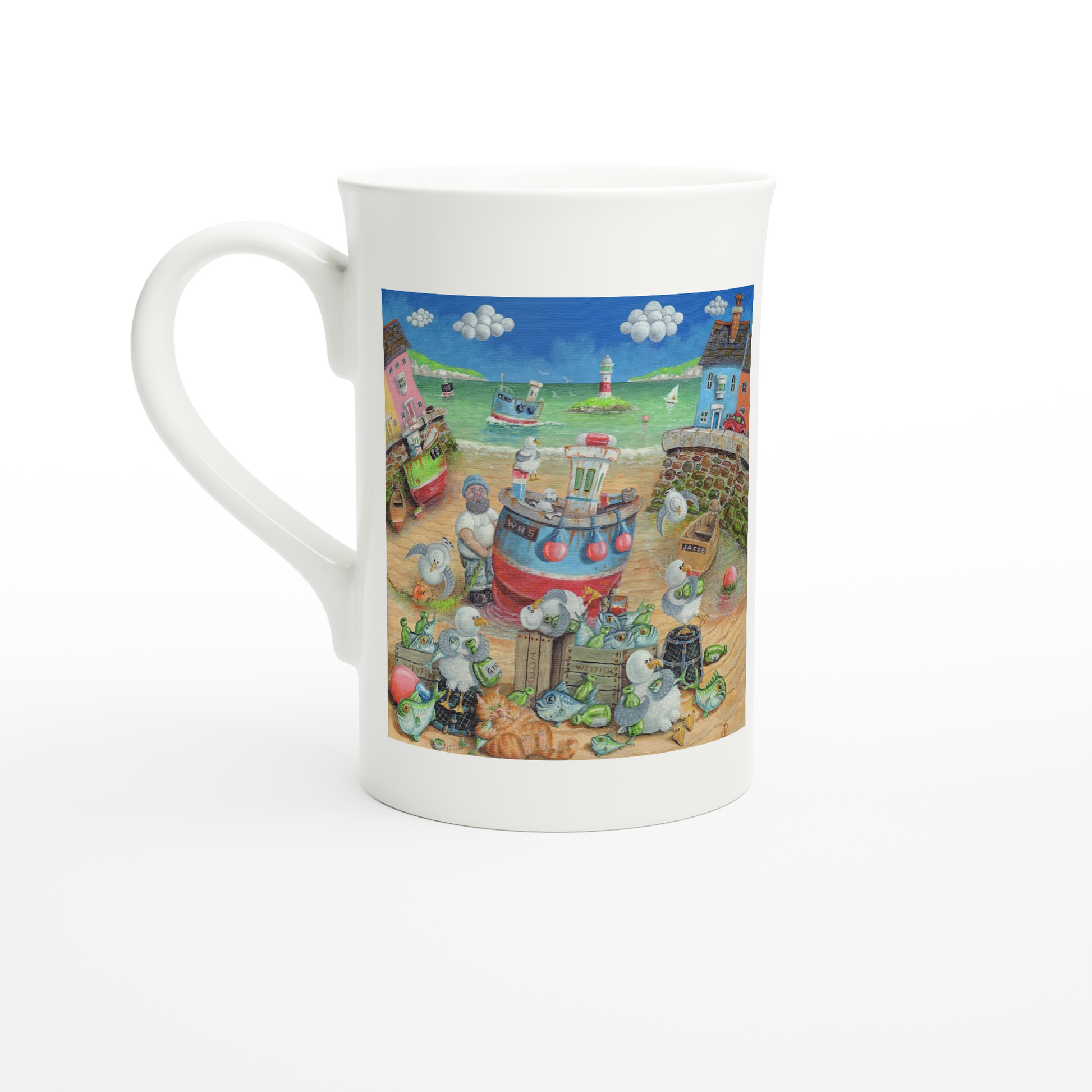 Mug with a colorful coastal scene design on a white background