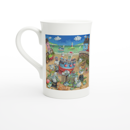 Mug with a colorful coastal scene design on a white background