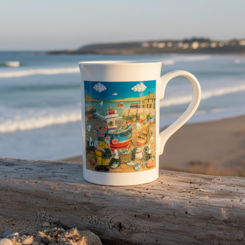 Mug with a colorful design of a market scene on a white background