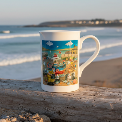 Mug with a colorful design of a market scene on a white background