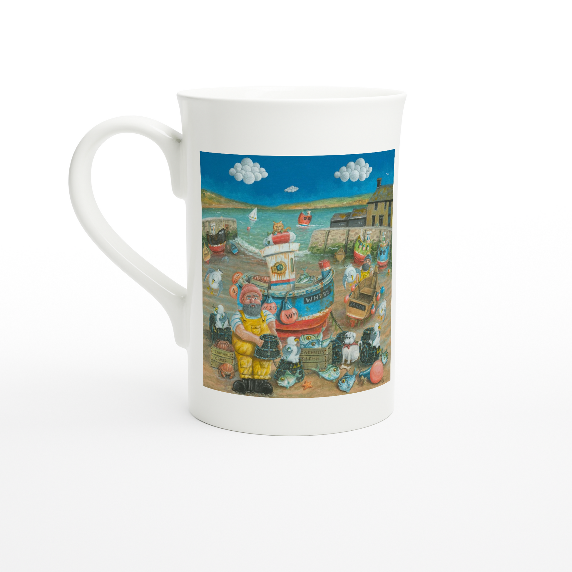 White mug with a colorful design of a boat and people on a white background