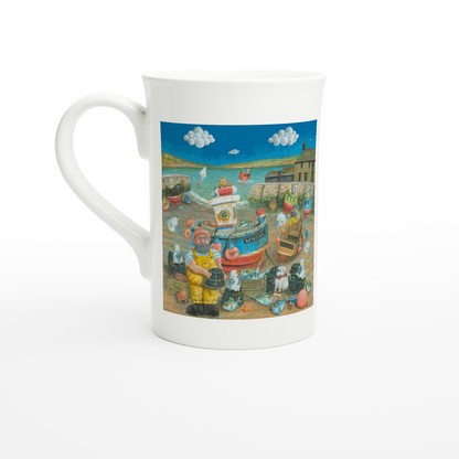 White mug with a colorful design of a boat and people on a white background