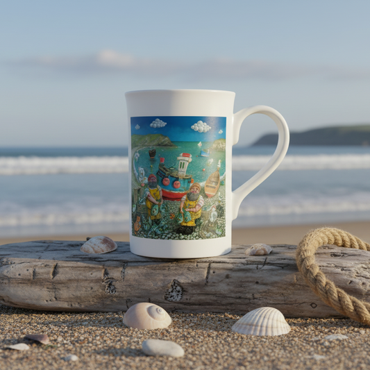 Mug with a colorful design of people by a boat on a white background