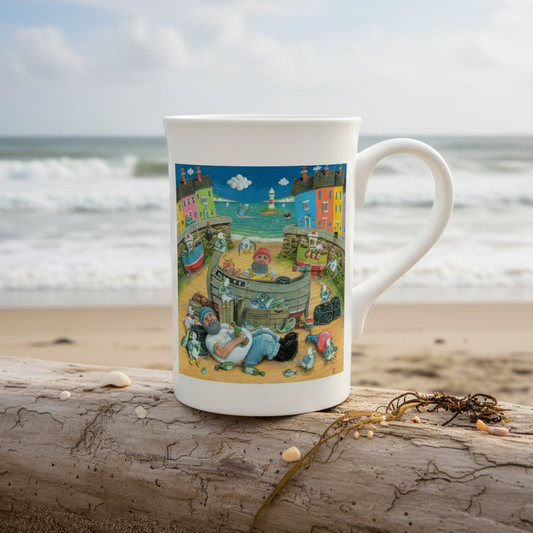 Mug with a colorful design of a coastal scene on a white background