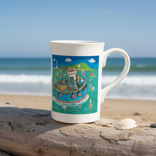 Mug with a colorful design of a boat and landscape on a white background