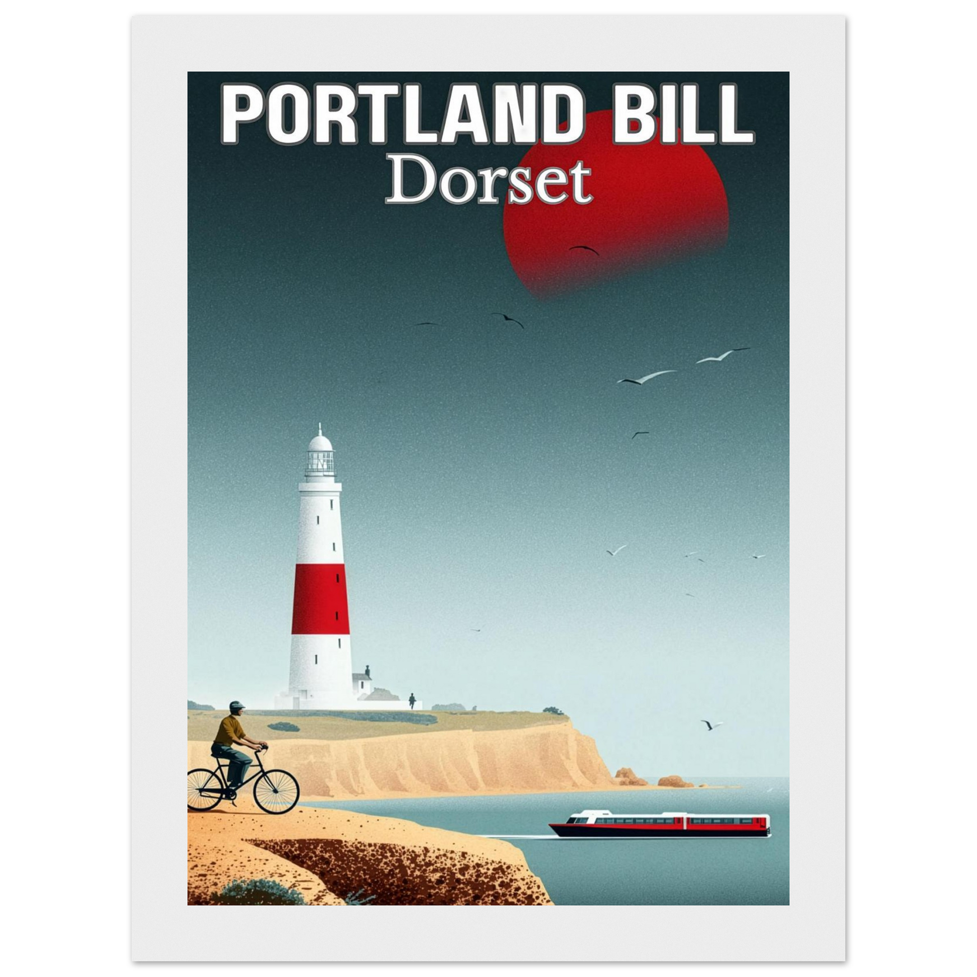 Poster of Portland Bill, Dorset with a lighthouse, cyclist, and boat.