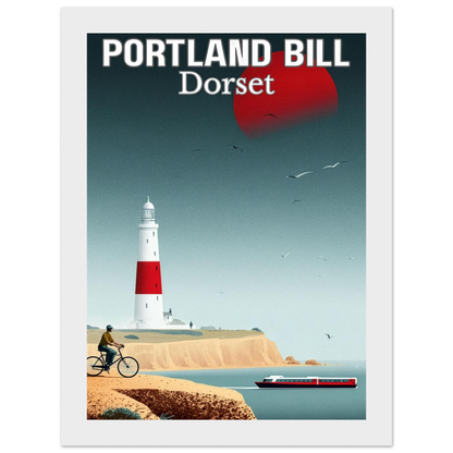 Poster of Portland Bill, Dorset with a lighthouse, cyclist, and boat.