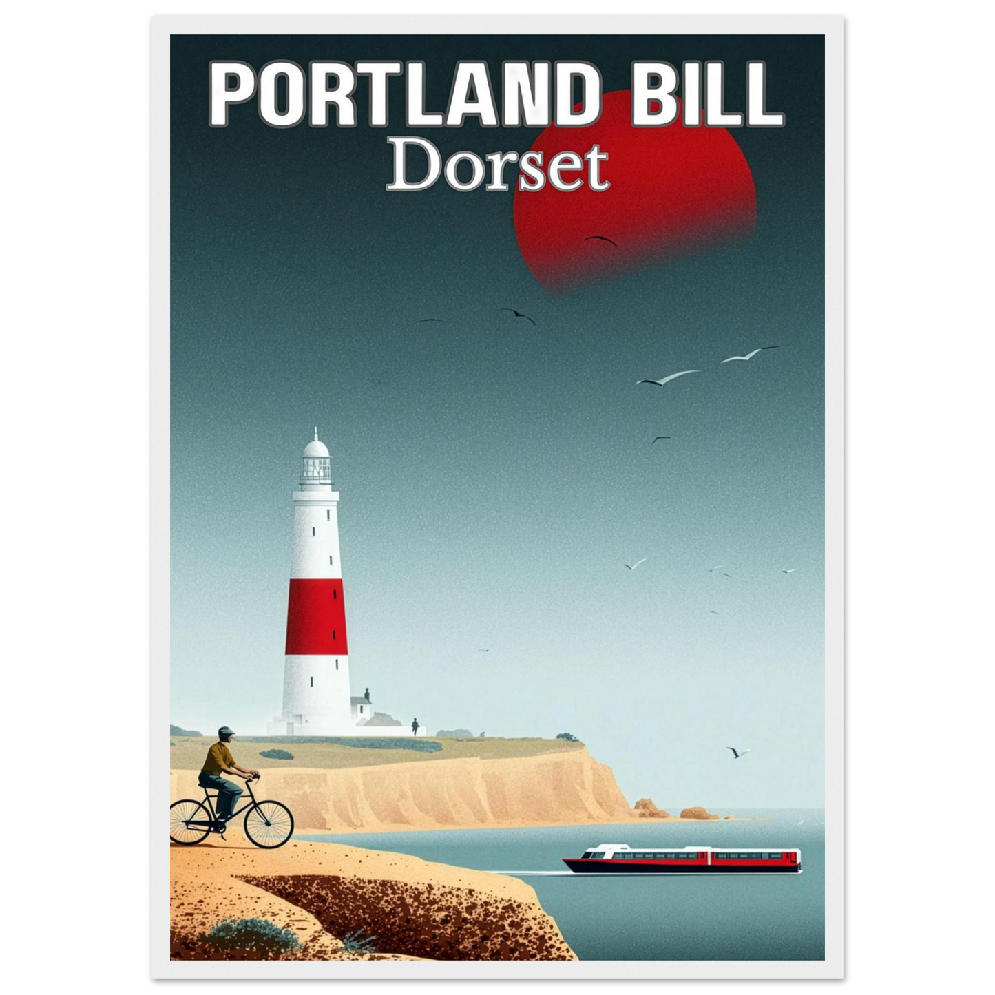 Illustration of Portland Bill, Dorset with a lighthouse, cyclist, and boat.