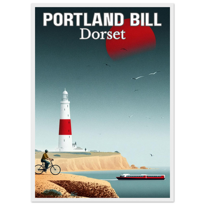Illustration of Portland Bill, Dorset with a lighthouse, cyclist, and boat.