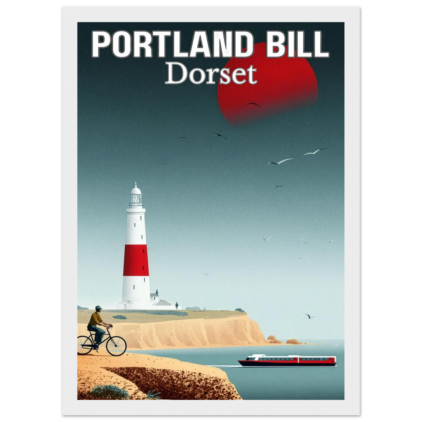 Poster of Portland Bill, Dorset with a lighthouse and coastal scene.