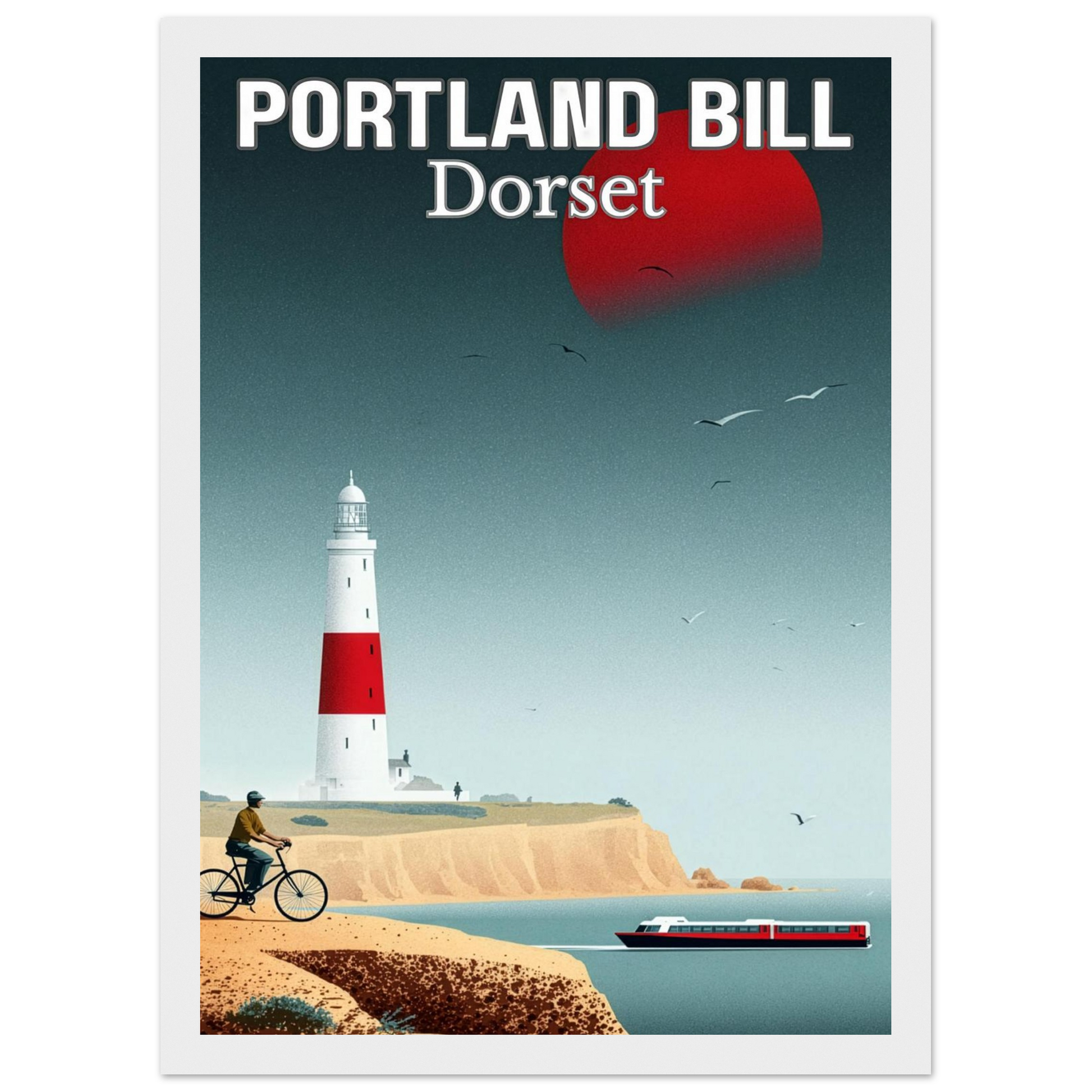 Poster of Portland Bill, Dorset with a lighthouse and coastal scene.